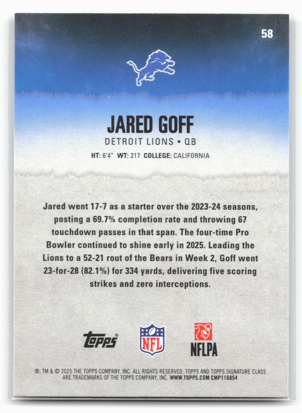 2025 Topps Signature Class #58 Jared Goff Green & Purple