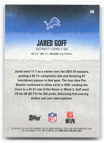 
2025 Topps Signature Class #58 Jared Goff Green & Purple