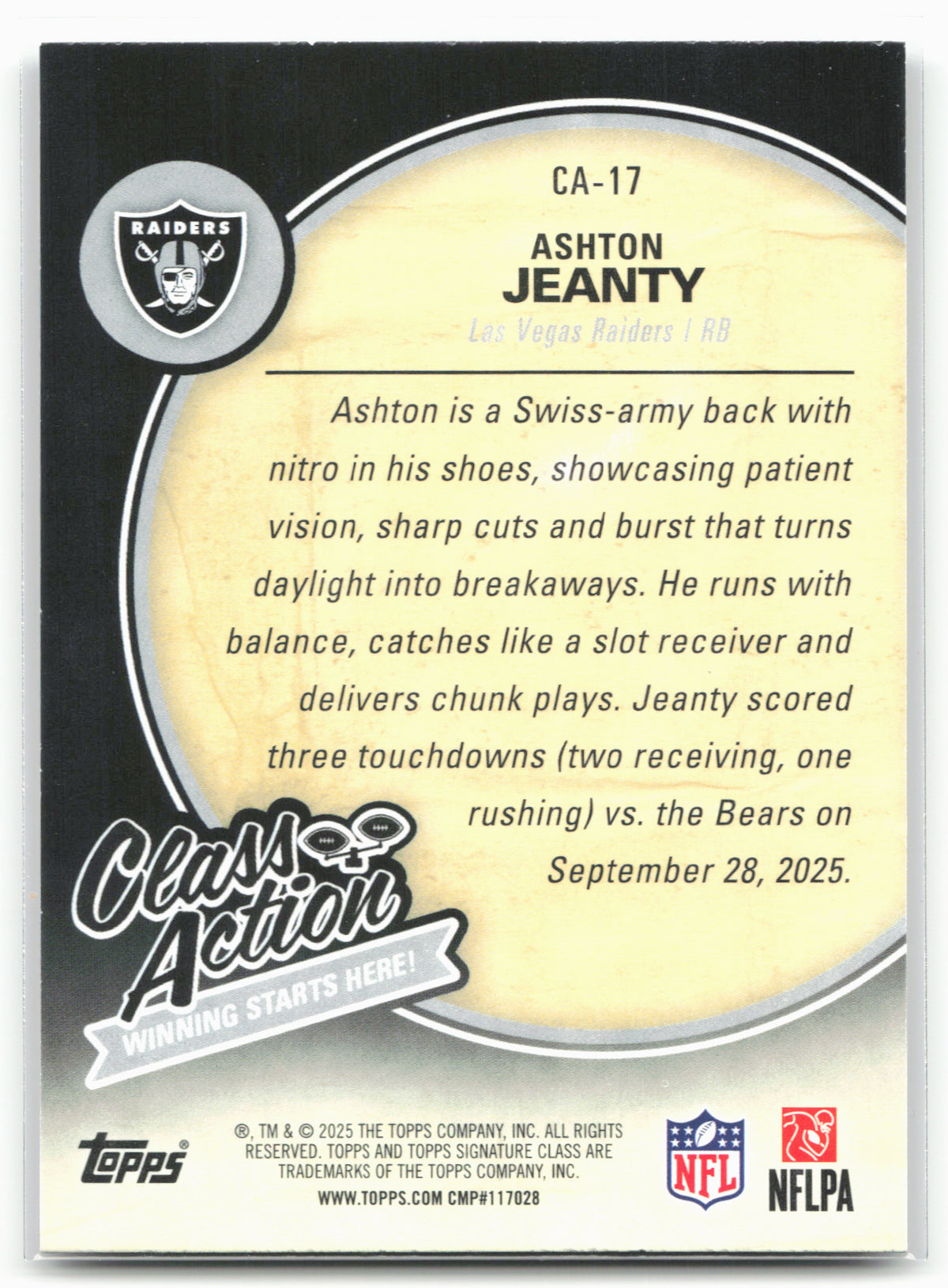 2025 Topps Signature Class #CA-17 Ashton Jeanty Class Action Magenta #/250