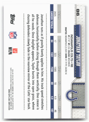 
2026 Topps Flagship #86 Jonathan Taylor Pink Holo Foil