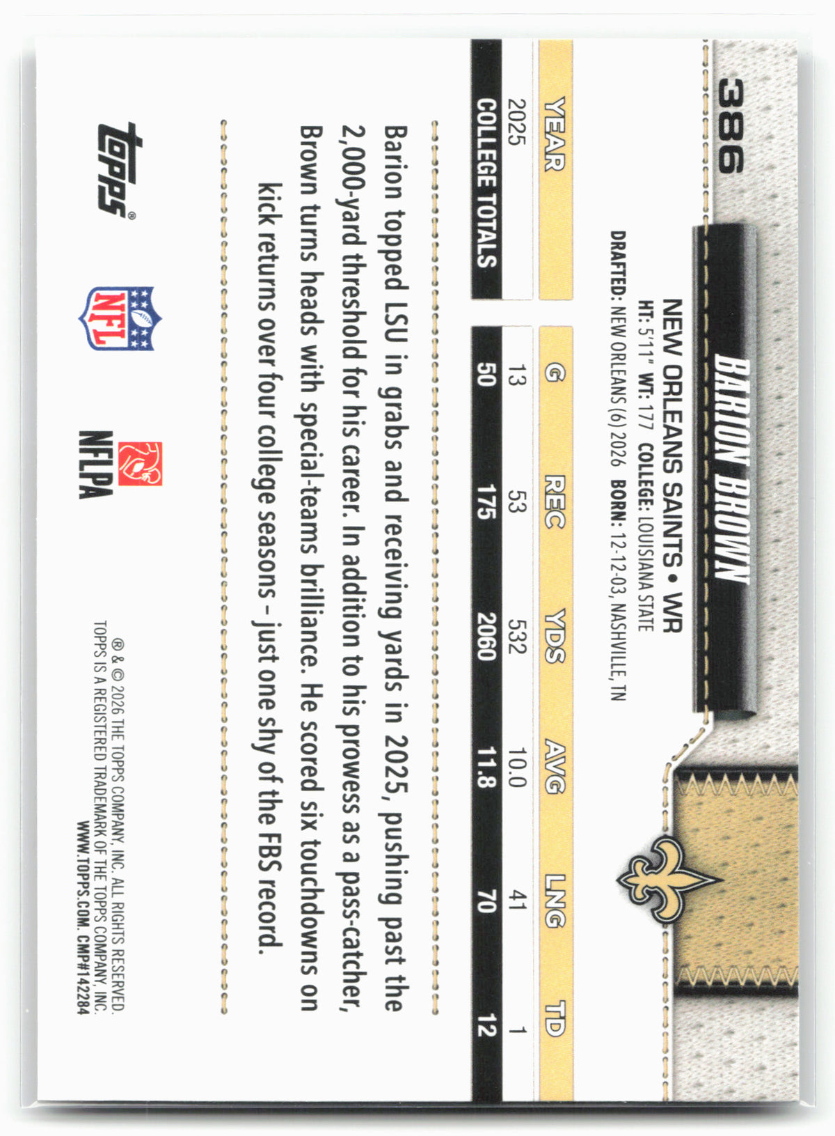 2026 Topps Flagship #386 Barion Brown Football Leather Foil