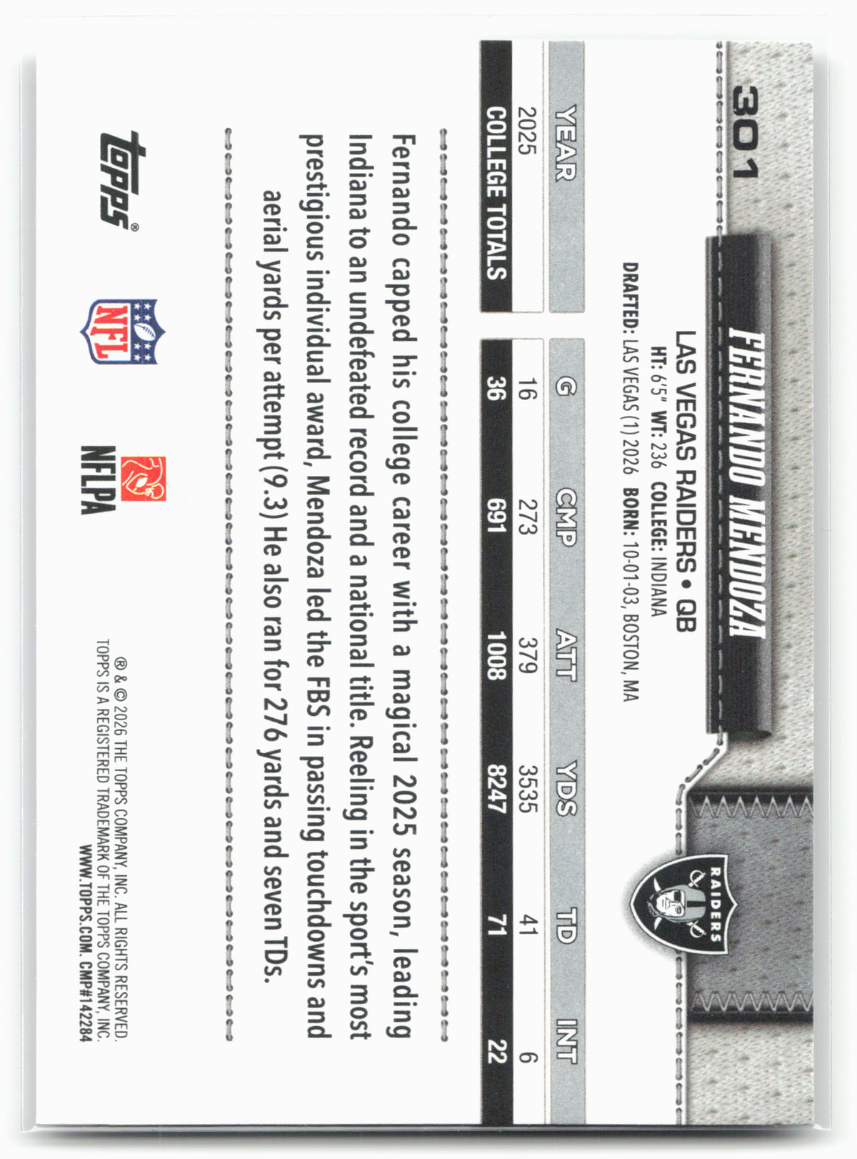 2026 Topps Flagship #301 Fernando Mendoza