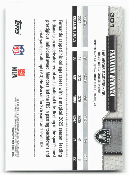 2026 Topps Flagship #301 Fernando Mendoza