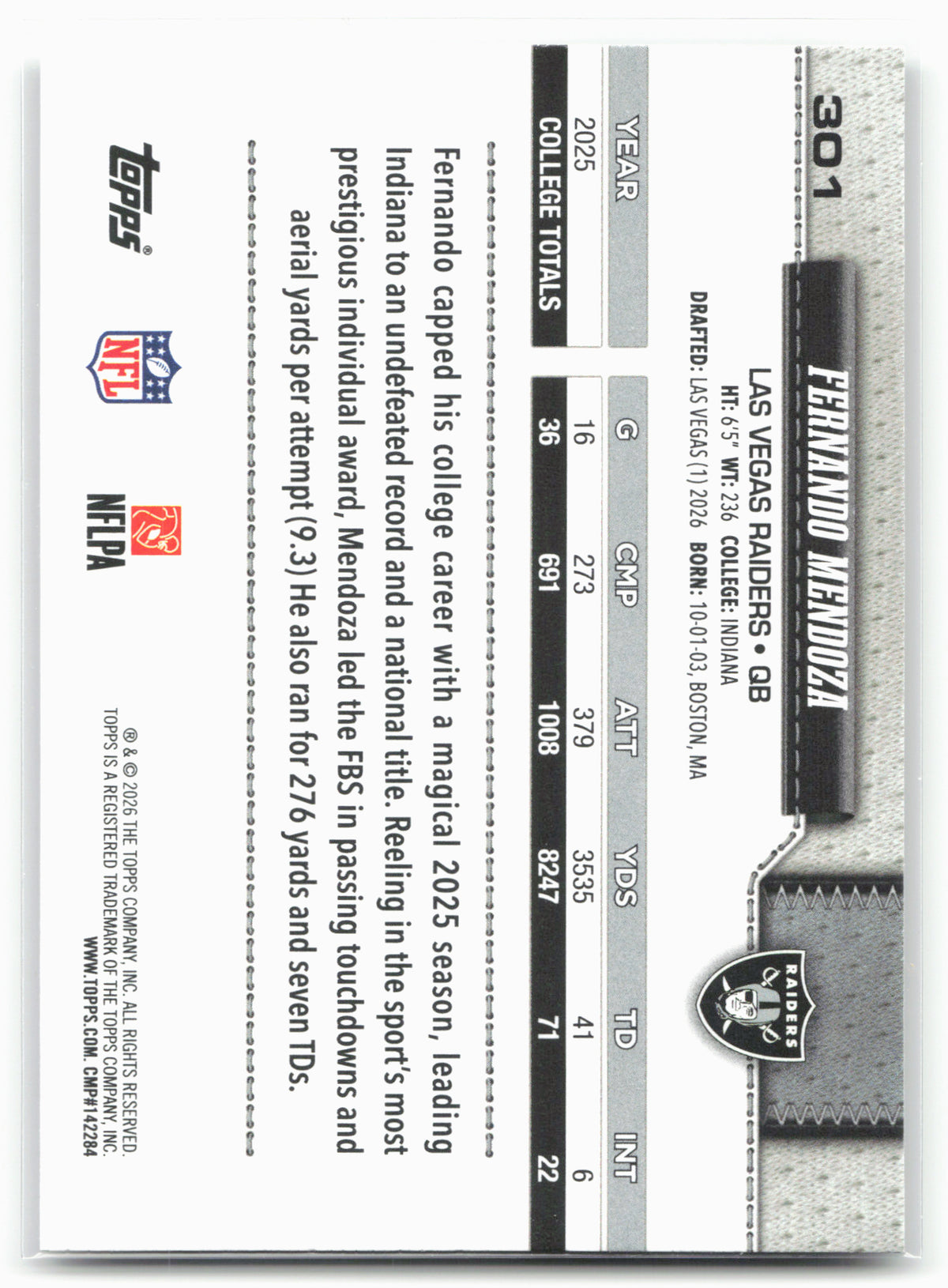 2026 Topps Flagship #301 Fernando Mendoza 30146