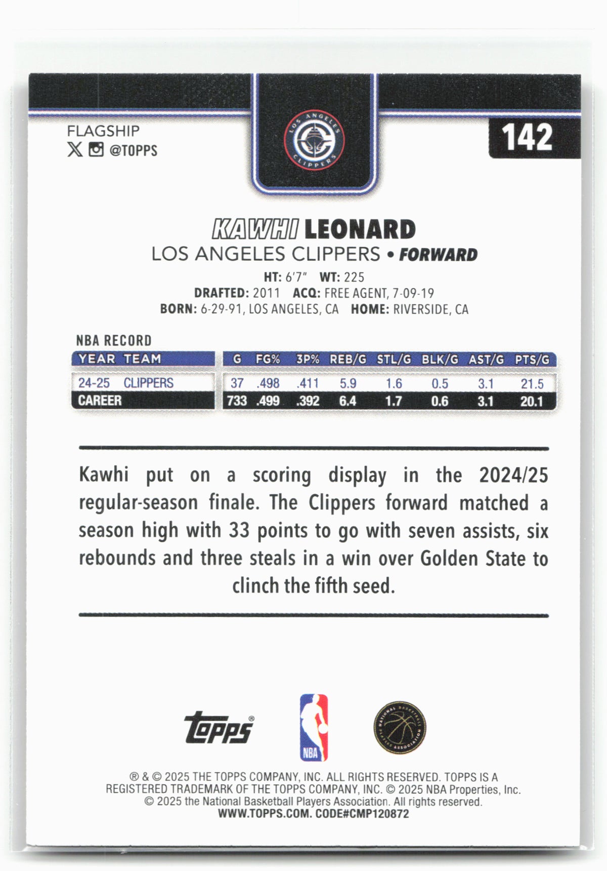 2025-26 Topps #142 Kawhi Leonard Gold #/2025
