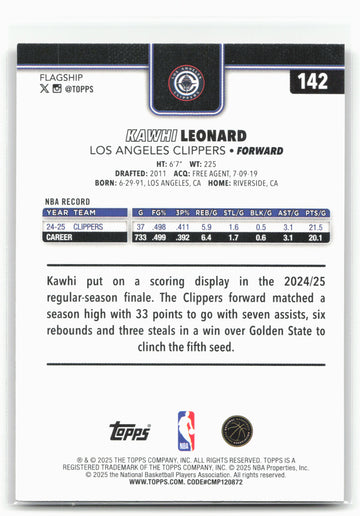 
2025-26 Topps #142 Kawhi Leonard Gold #/2025