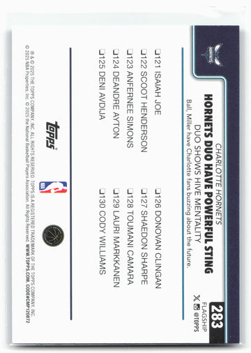
2025-26 Topps #283 Hornets Duo Have Powerful Sting: Duo Shows Hive Mentality Blue Rainbow #/150