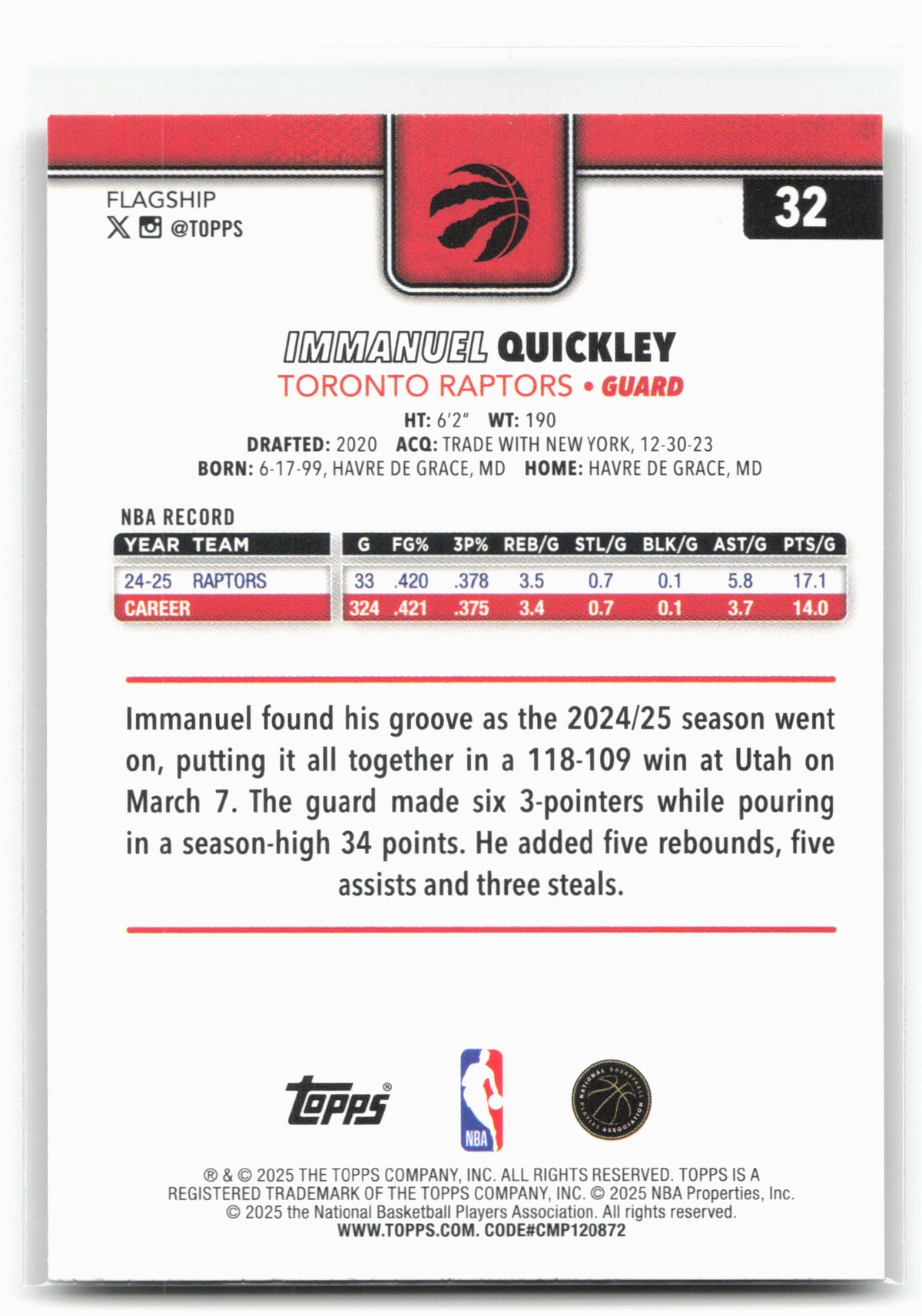 2025-26 Topps #32 Immanuel Quickley Gold 30253