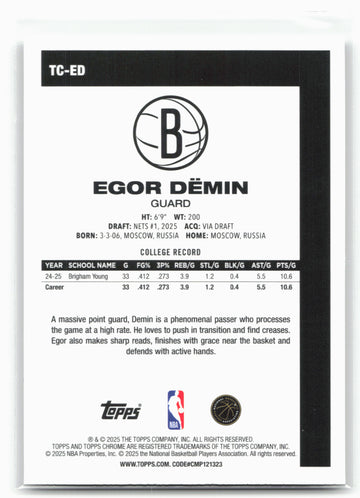 
2025-26 Topps #TC-ED Egor Dëmin 1980-81 Topps Chrome Basketball