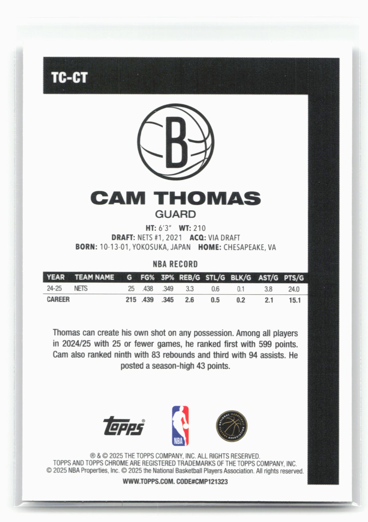 2025-26 Topps #TC-CT Cam Thomas 1980-81 Topps Chrome Basketball 30259
