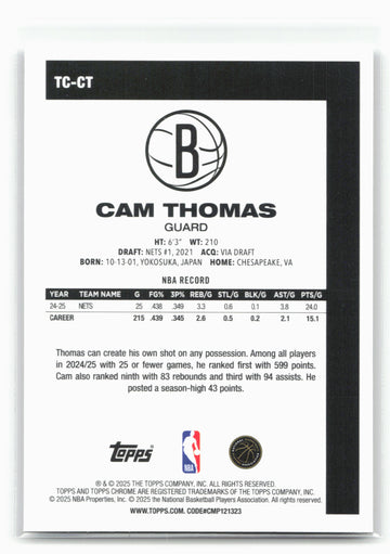 
2025-26 Topps #TC-CT Cam Thomas 1980-81 Topps Chrome Basketball 30259