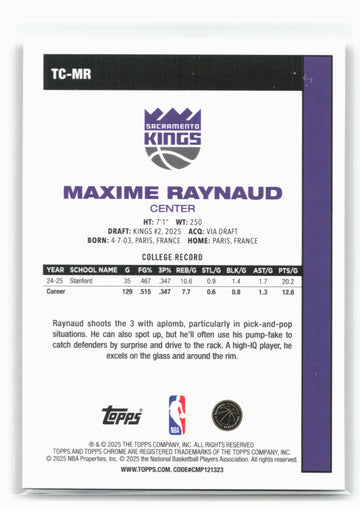 
2025-26 Topps #TC-MR Maxime Raynaud 1980-81 Topps Chrome Basketball