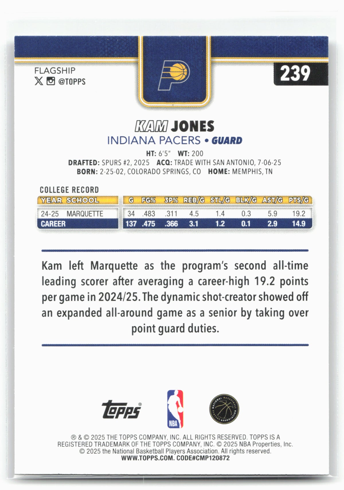 2025-26 Topps #239 Kam Jones Sandglitter
