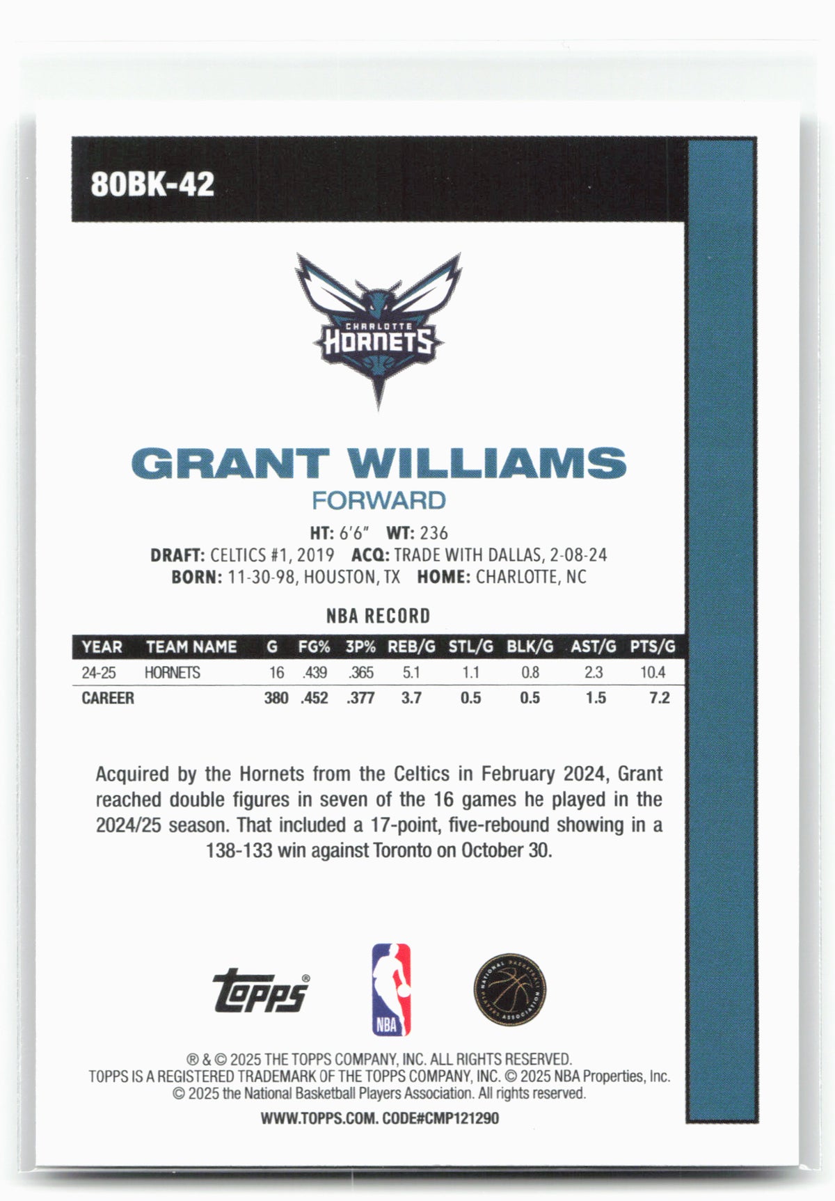 2025-26 Topps #80BK-42 Grant Williams 1980-81 Topps Basketball 30278