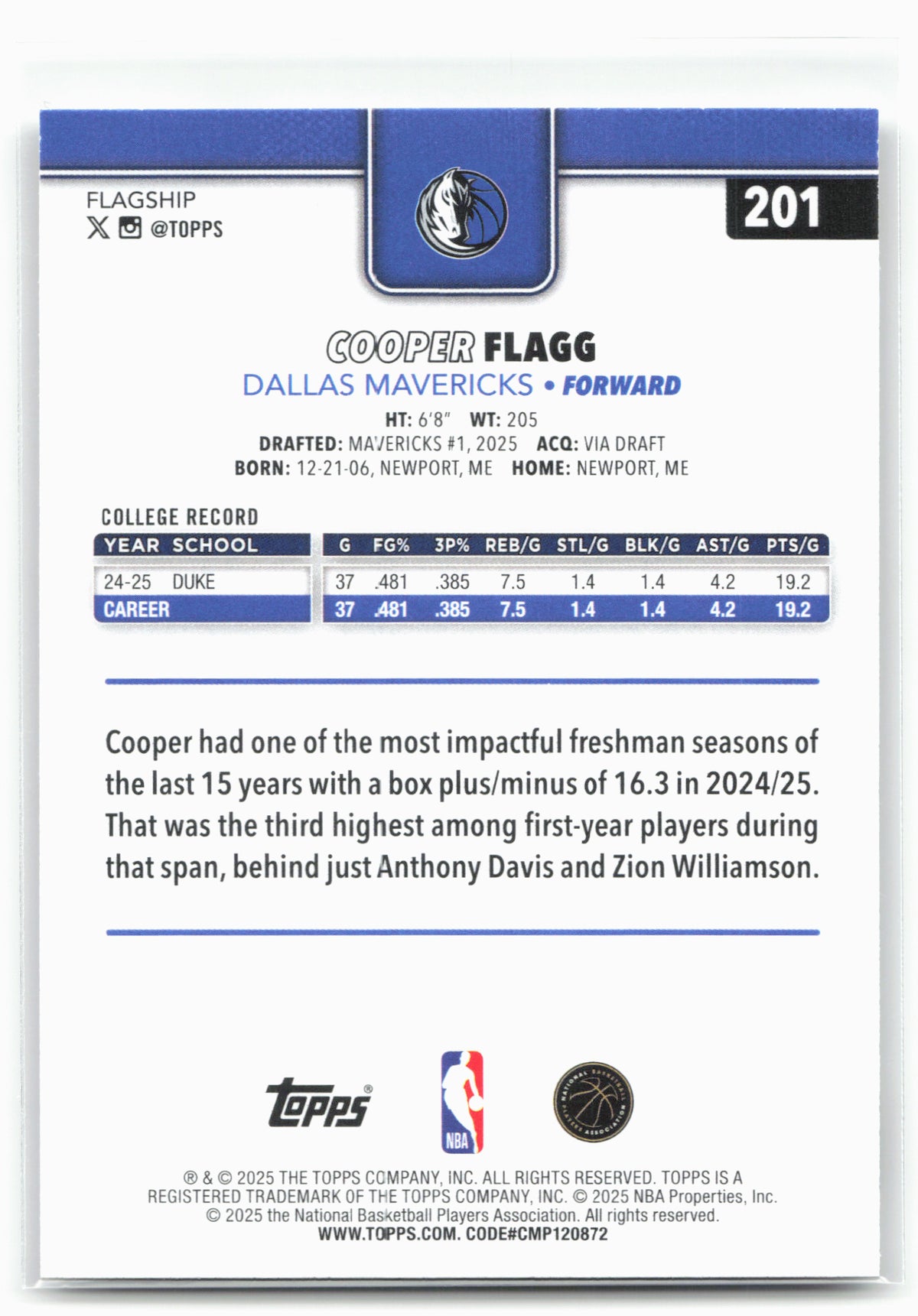 2025-26 Topps #201 Cooper Flagg 30287
