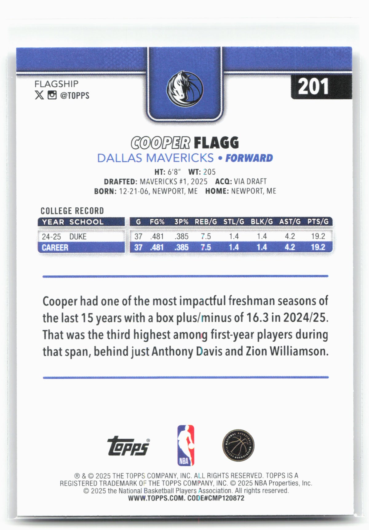 2025-26 Topps #201 Cooper Flagg 30288