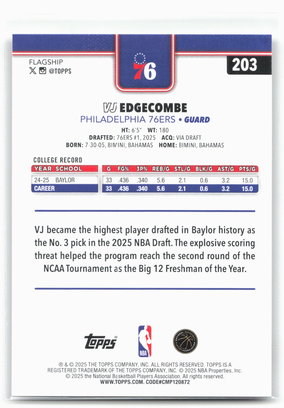 2025-26 Topps #203 VJ Edgecombe 30292