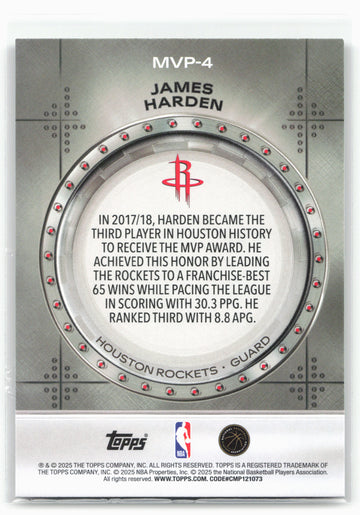 
2025-26 Topps #MVP-4 James Harden MVP Vault Rainbow Foilboard 30296
