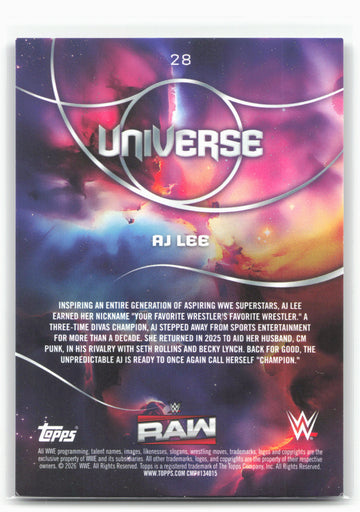 2026 Topps Universe WWE #28 AJ Lee Purple Glass #/399