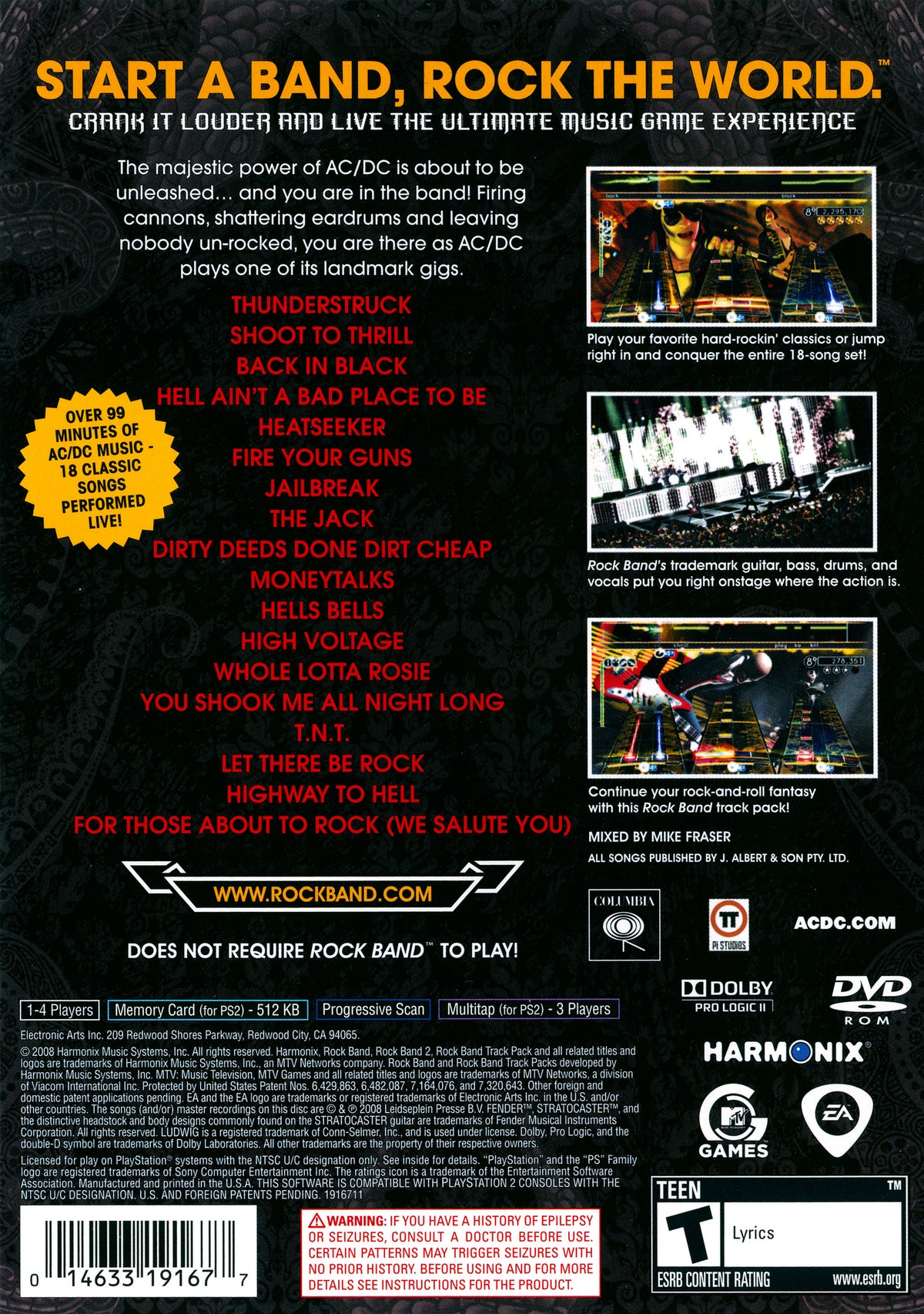 AC/DC Live: Rock Band - Track Pack | PlayStation 2 | North American back cover | UPC 014633191677 | Source: LaunchBox 19130