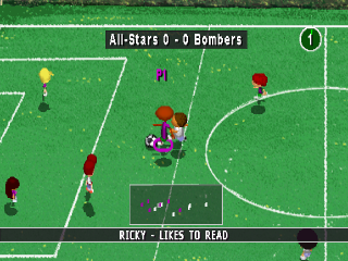 
Backyard Soccer | Sony PlayStation | gameplay screenshot | active soccer match with native scoreboard/player HUD | LaunchBox PS1 11140
