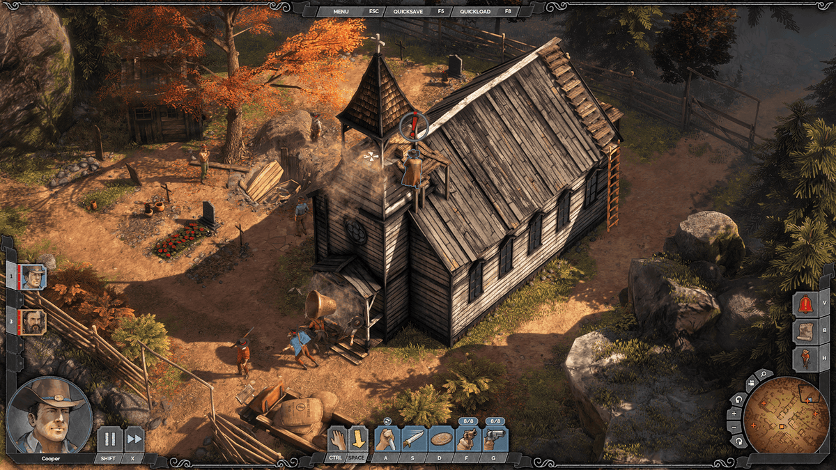 
Desperados III | Windows PC | gameplay screenshot 1 | Cooper at the church | verified keyboard HUD | Source: THQ Nordic exact game page