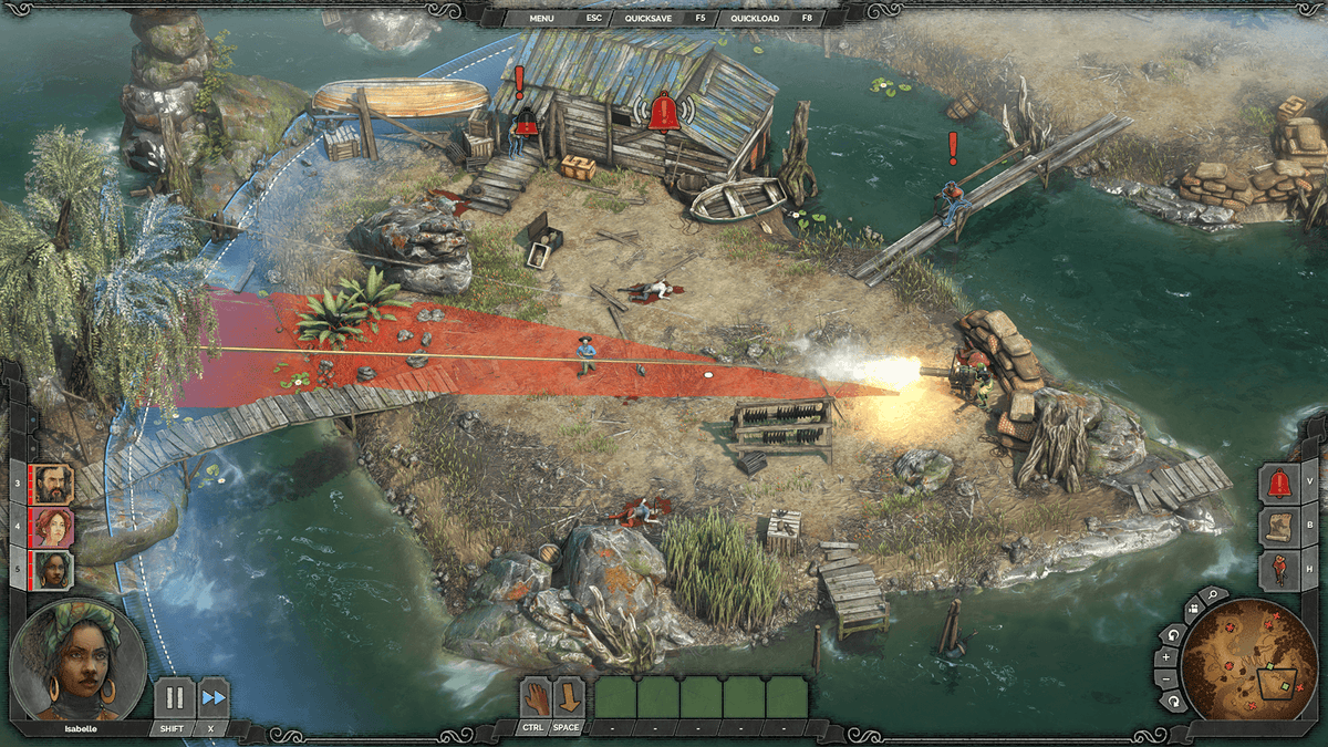 
Desperados III | Windows PC | gameplay screenshot 2 | Isabelle controlling a guard at the swamp | verified keyboard HUD | Source: THQ Nordic exact game page