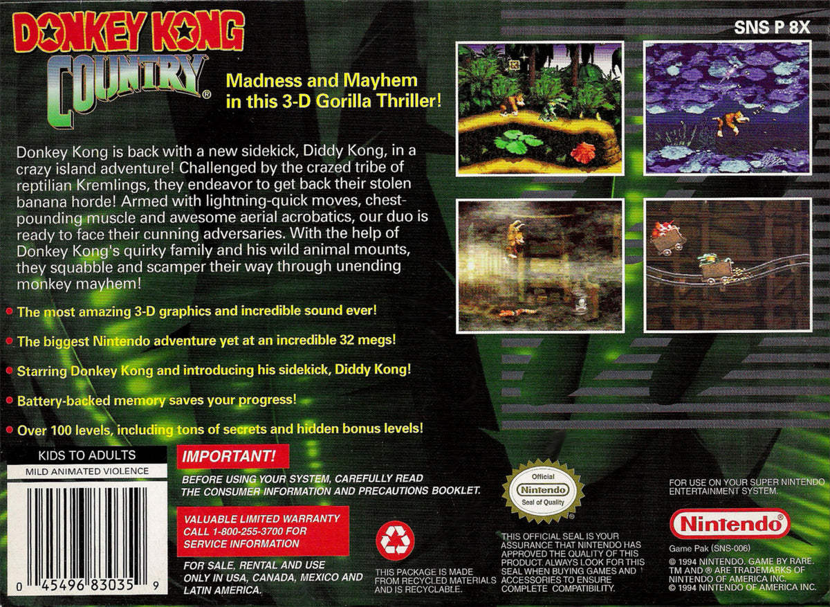 Donkey Kong Country SNES North America back cover
