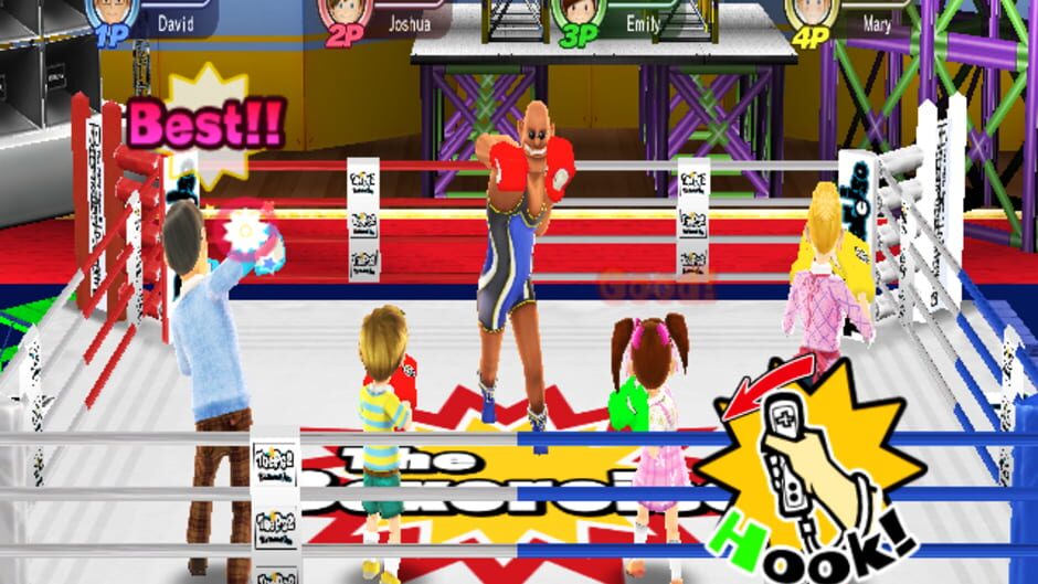 
Family Party: 90 Great Games Party Pack Nintendo Wii actual gameplay screenshot - four-player boxing with Wii Remote prompt