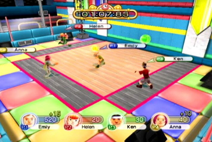 
Family Party: Fitness Fun | Nintendo Wii | actual gameplay screenshot | four-player dodgeball fitness minigame
