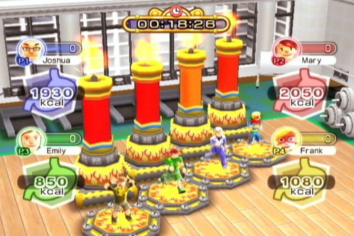 Family Party: Fitness Fun | Nintendo Wii | actual gameplay screenshot | four-player fire-platform fitness minigame