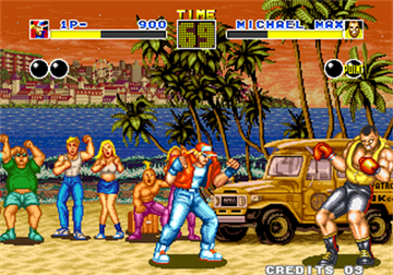 
Fatal Fury: Battle Archives Volume 1 | PlayStation 2 | gameplay screenshot | Terry Bogard vs Michael Max beach-stage match | Source: LaunchBox 31485 07f00148-9154-4f42-ab5c-e20a31556472