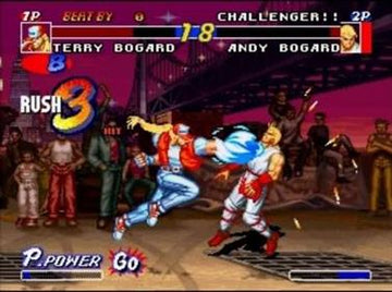 
Fatal Fury: Battle Archives Volume 1 | PlayStation 2 | gameplay screenshot | Terry Bogard vs Andy Bogard bridge-stage match | Source: LaunchBox 31485 cb09dbef-eac6-4442-a5f0-1d2b95ea1454