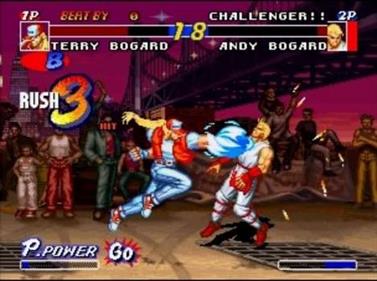 
Fatal Fury: Battle Archives Volume 1 | PlayStation 2 | gameplay screenshot | Terry Bogard vs Andy Bogard bridge-stage match | Source: LaunchBox 31485 cb09dbef-eac6-4442-a5f0-1d2b95ea1454