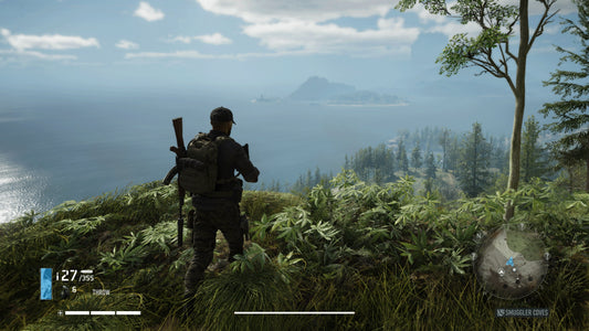 
Tom Clancy's Ghost Recon: Breakpoint | PlayStation 4 | gameplay screenshot | coastal overlook with live HUD | Source: PlayStation Store CUSA14405
