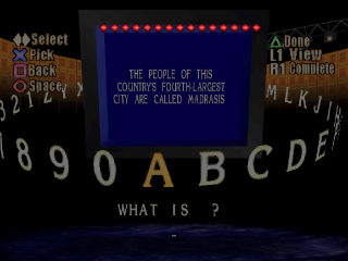 Jeopardy! | Sony PlayStation | PS1 | gameplay screenshot | clue response entry with native PlayStation prompts | Source: LaunchBox 44929