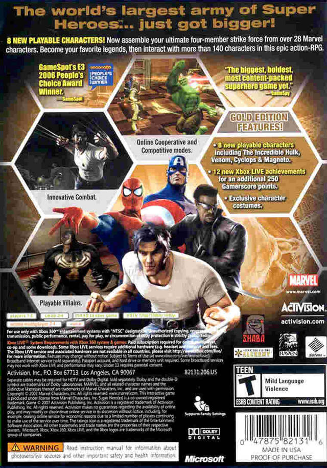 Marvel Ultimate Alliance Gold Edition Xbox 360 North American back cover