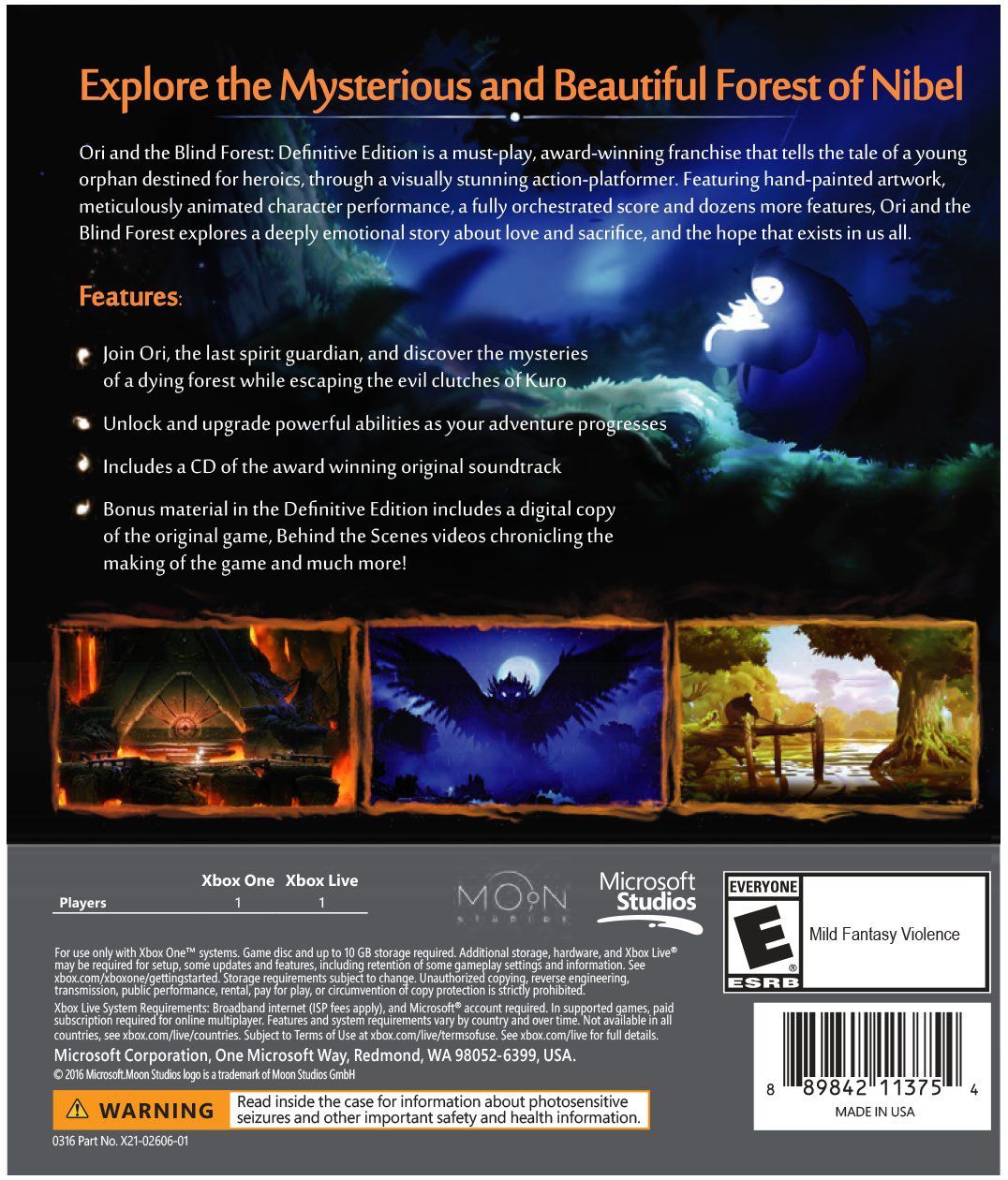 Ori and the Blind Forest: Definitive Edition Xbox One back cover