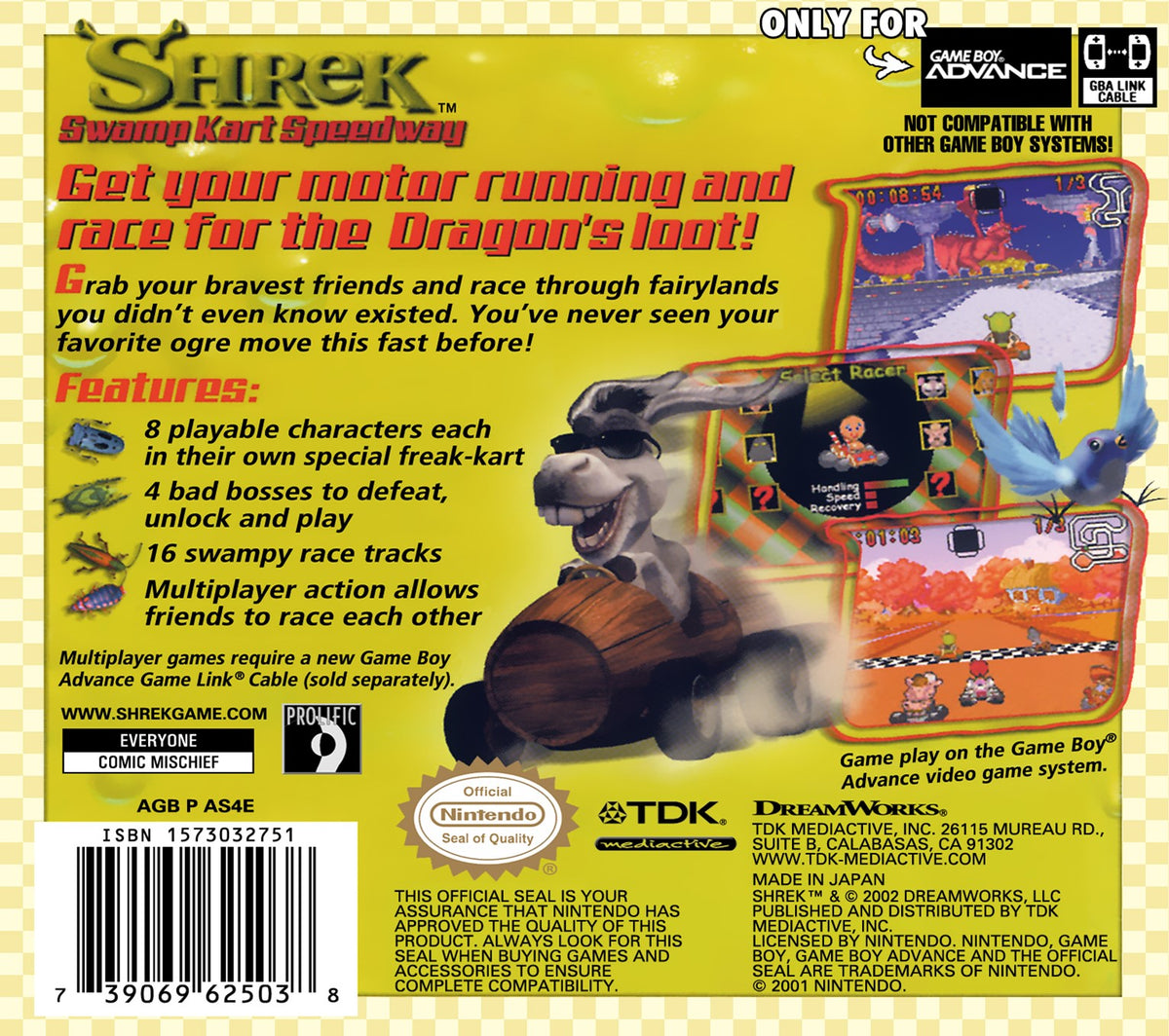 Shrek Swamp Kart Speedway Game Boy Advance North America back cover