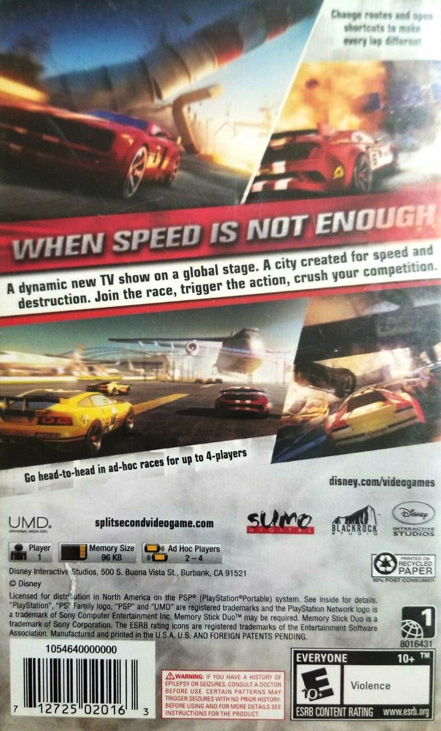 
Split/Second | PSP | North American standard-edition back cover | UPC 712725020163