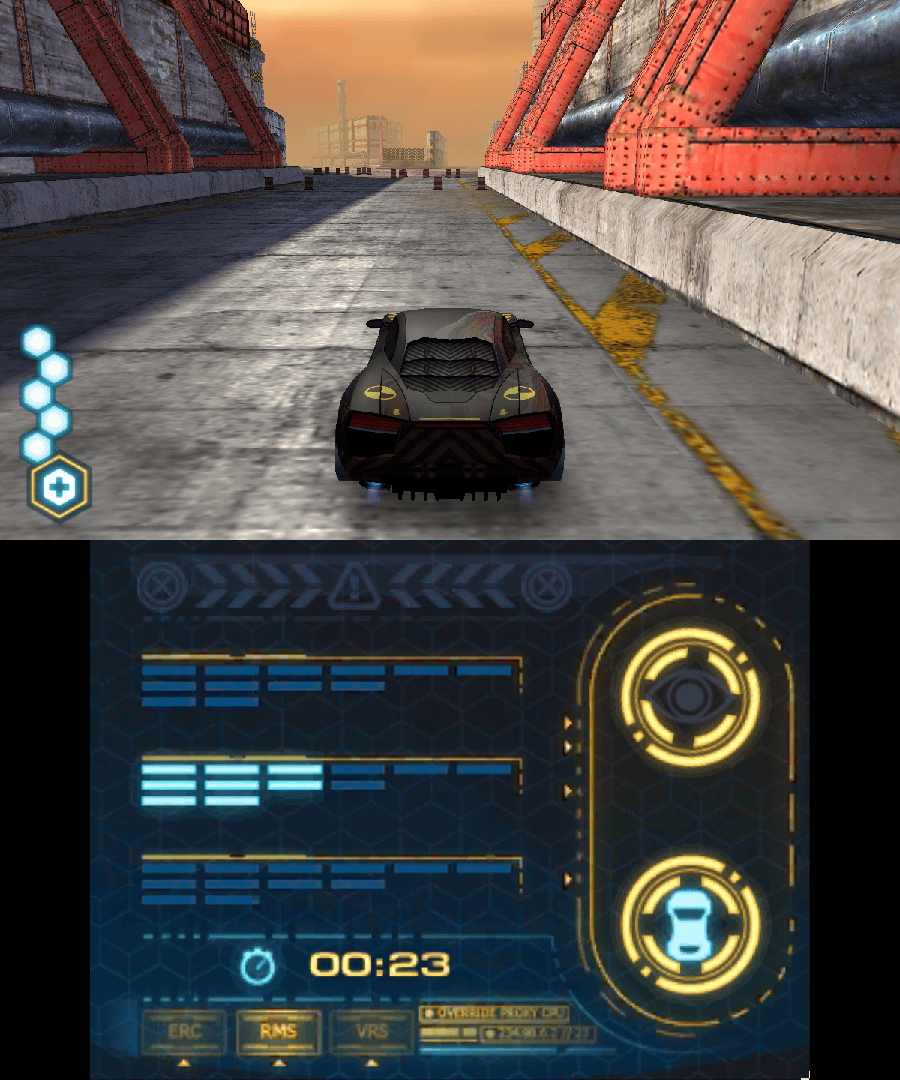 Spy Hunter | Nintendo 3DS | gameplay screenshot | bridge pursuit with native dual-screen HUD