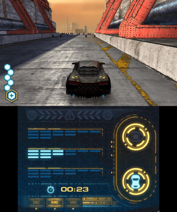 
Spy Hunter | Nintendo 3DS | gameplay screenshot | bridge pursuit with native dual-screen HUD