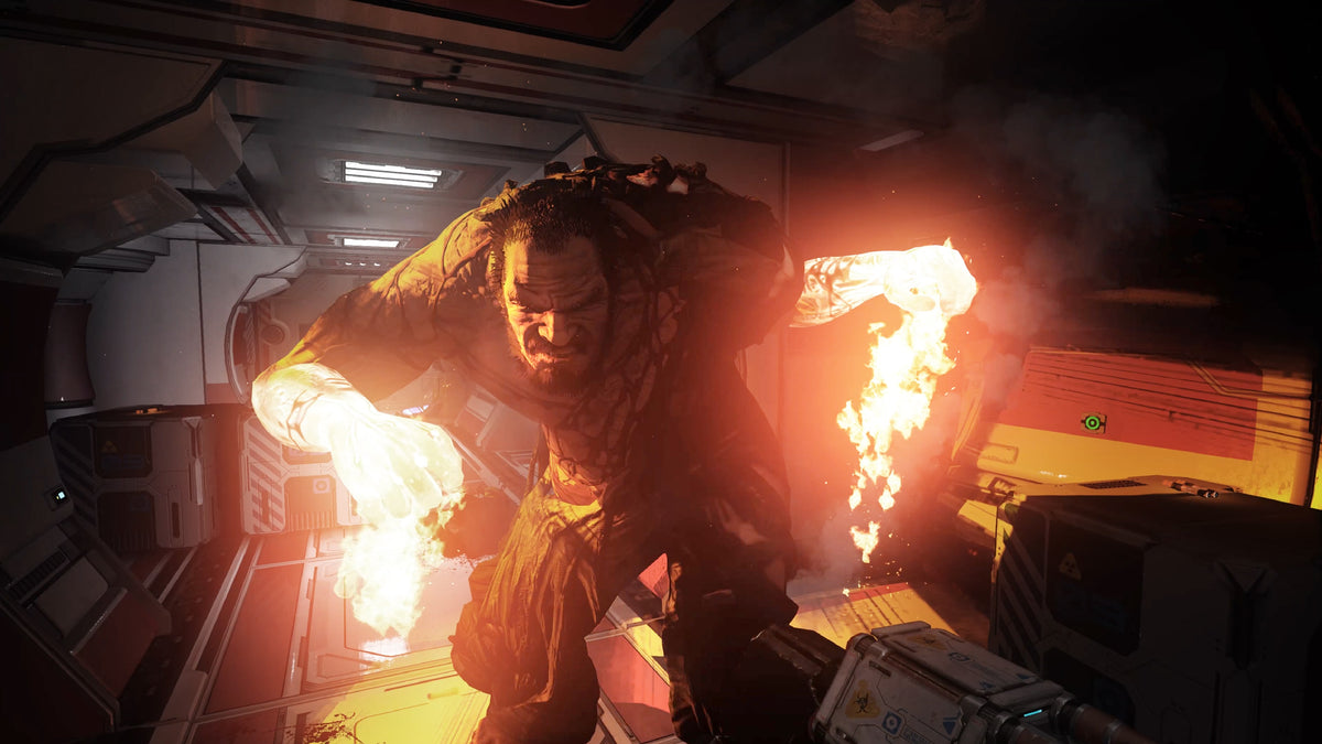 
The Persistence | PlayStation 4 | gameplay screenshot | first-person combat against a flaming mutant