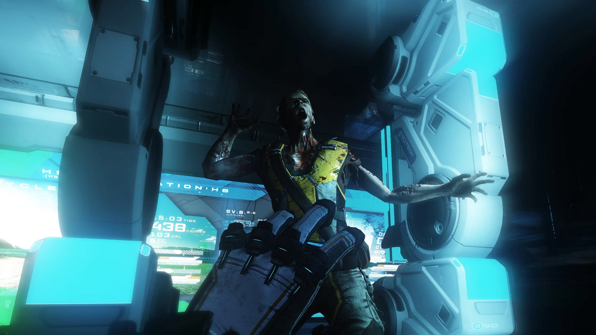 
The Persistence | PlayStation 4 | gameplay screenshot | first-person shield raised against an enemy in a blue-lit ship compartment