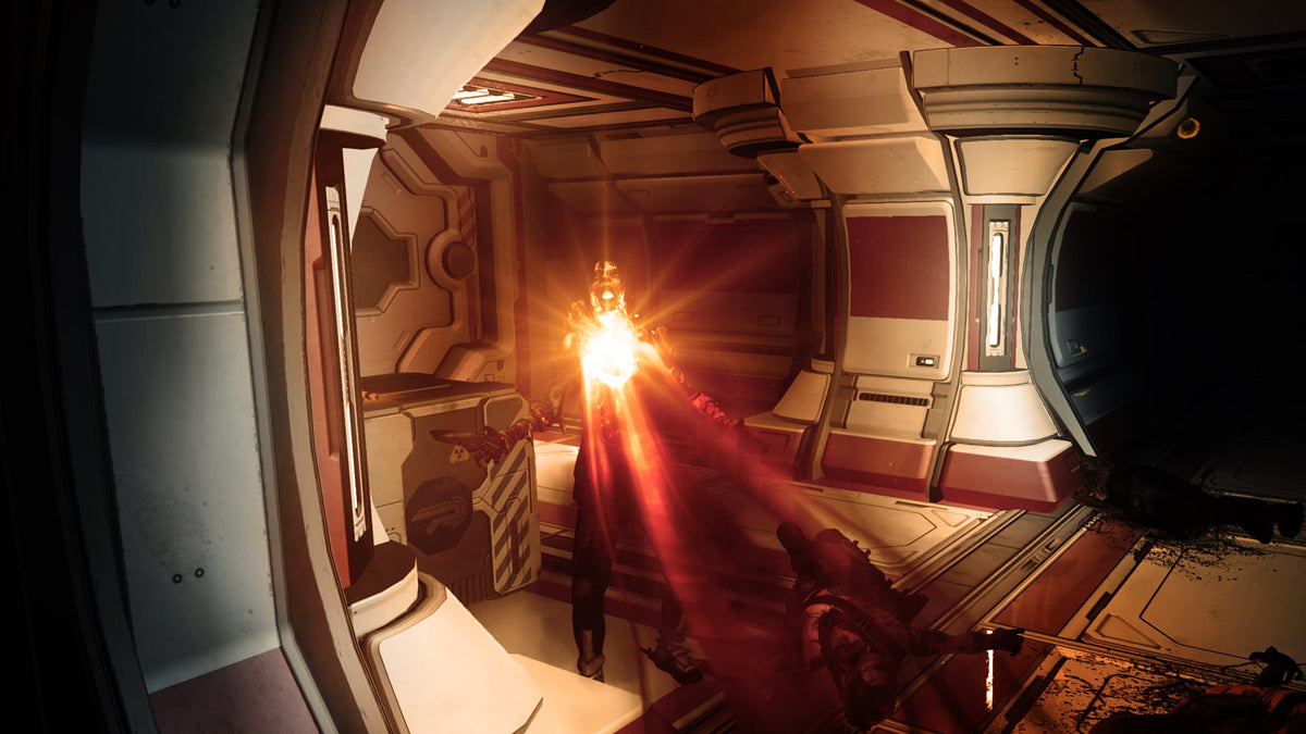 
The Persistence | PlayStation 4 | gameplay screenshot | first-person weapon combat in a curved ship corridor