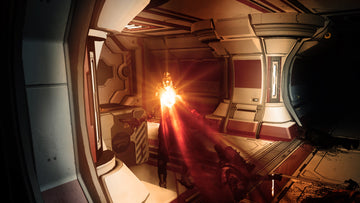 
The Persistence | PlayStation 4 | gameplay screenshot | first-person weapon combat in a curved ship corridor