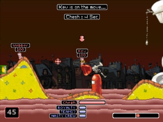 
Worms: Armageddon | Sony PlayStation | PS1 | gameplay screenshot | city/candy terrain battle with native turn/health HUD | exact NTSC-U SLUS-00888 source ss11