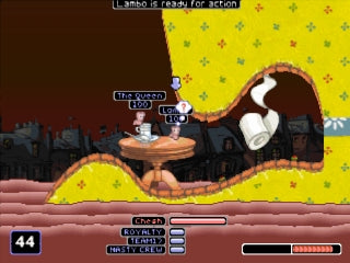 
Worms: Armageddon | Sony PlayStation | PS1 | gameplay screenshot | yellow terrain battle with native turn/health HUD | exact NTSC-U SLUS-00888 source ss12