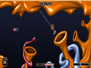 
Worms: Armageddon | Sony PlayStation | PS1 | gameplay screenshot | rope traversal on abstract terrain with native turn HUD | exact NTSC-U SLUS-00888 source ss14