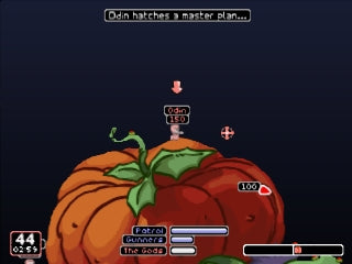 
Worms: Armageddon | Sony PlayStation | PS1 | gameplay screenshot | pumpkin terrain battle with native turn/health HUD | exact NTSC-U SLUS-00888 source ss9